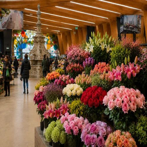 Flores frescas e arranjos florais no Mercado das Flores, Mercado Municipal de Braga.